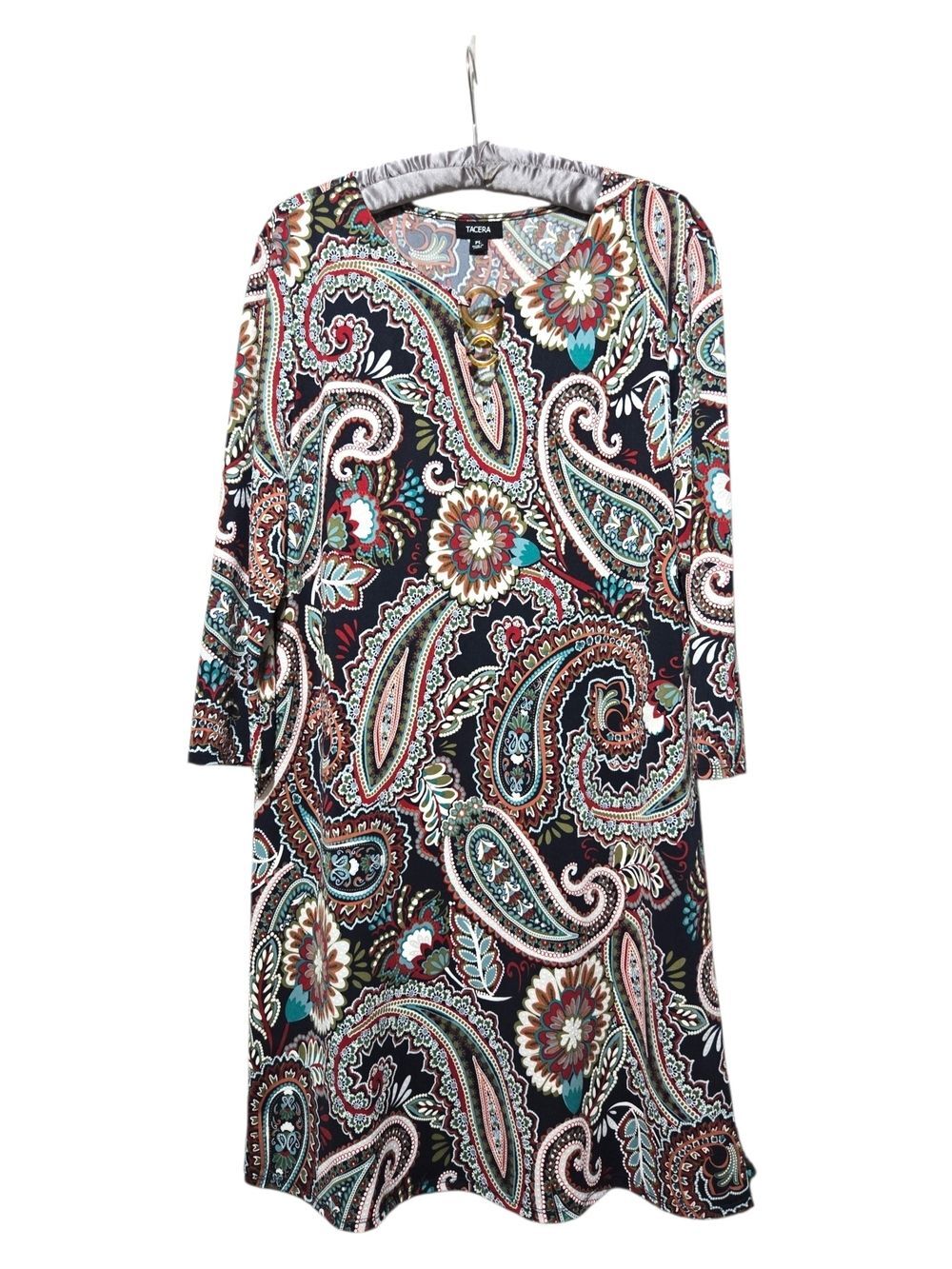 Tacera Paisley Print Shift Dress 3/4 Sleeve Knit Multicolor Keyhole Hardware PL